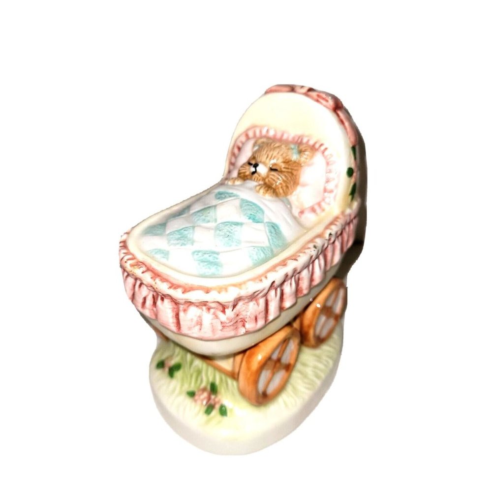 Vintage Loomco Ceramic Bear Figurine 1991 Sleeping in Baby Stroller